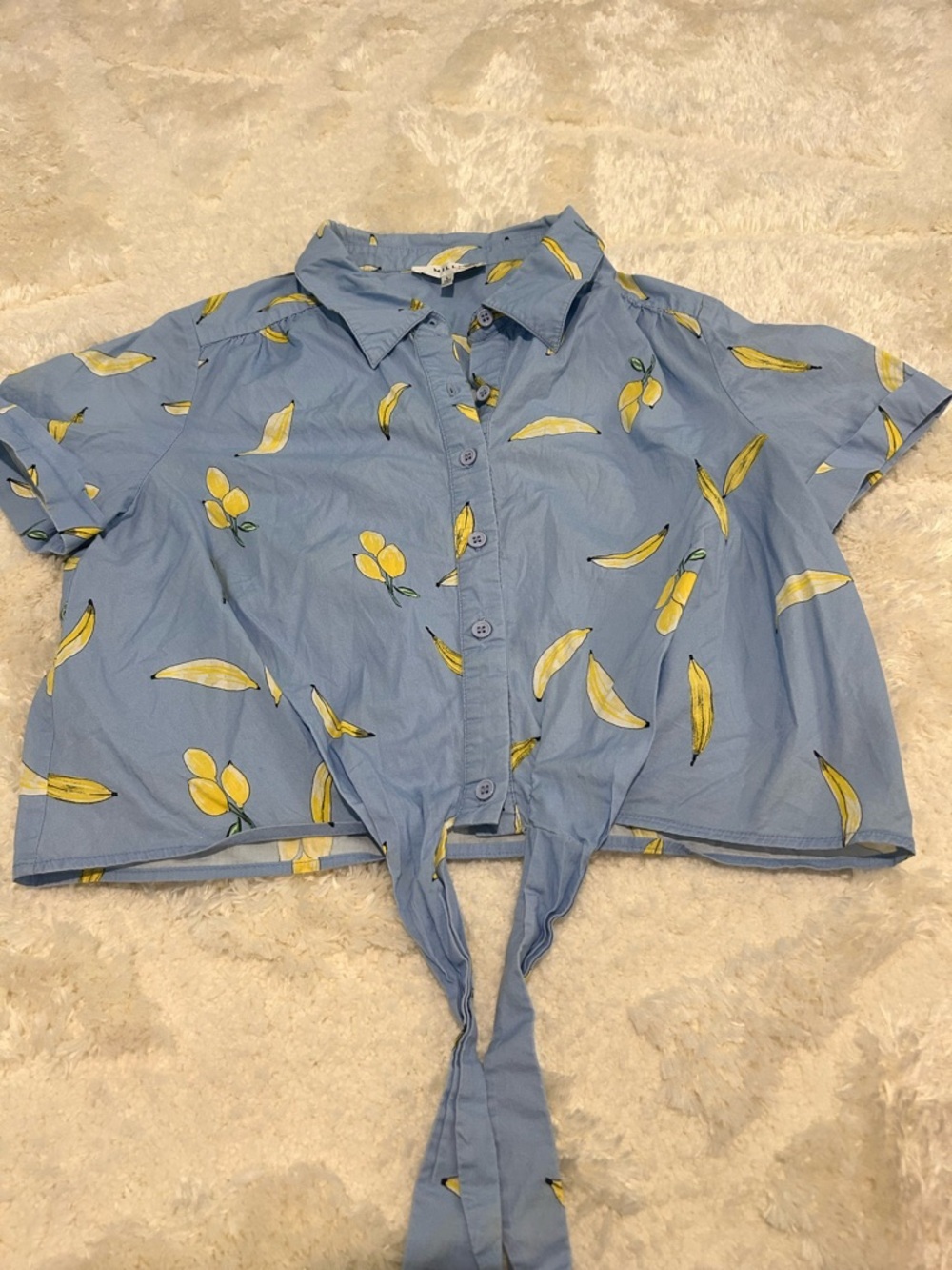 Milly Banana Print Bonnie Top - Blue Short-Sleeve Tie-Front Button-Down - Picture 5 of 12